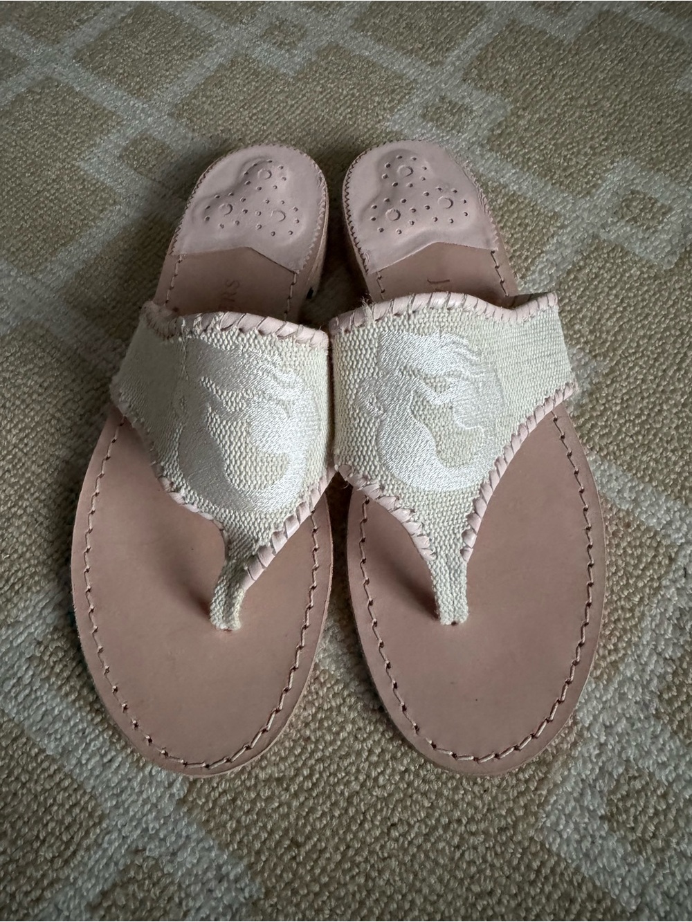 Jack Rogers Spartina Mermaid Thong Flip Flop Sandals Pink Ivory Leather Linen 9 - Picture 11 of 14